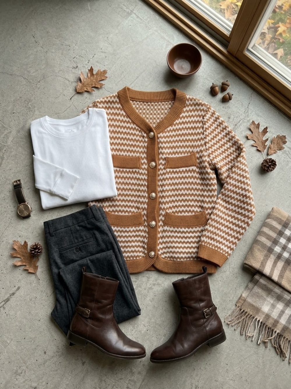 Camel & White Textured Knit Cardigan (Fits like Women's Small)